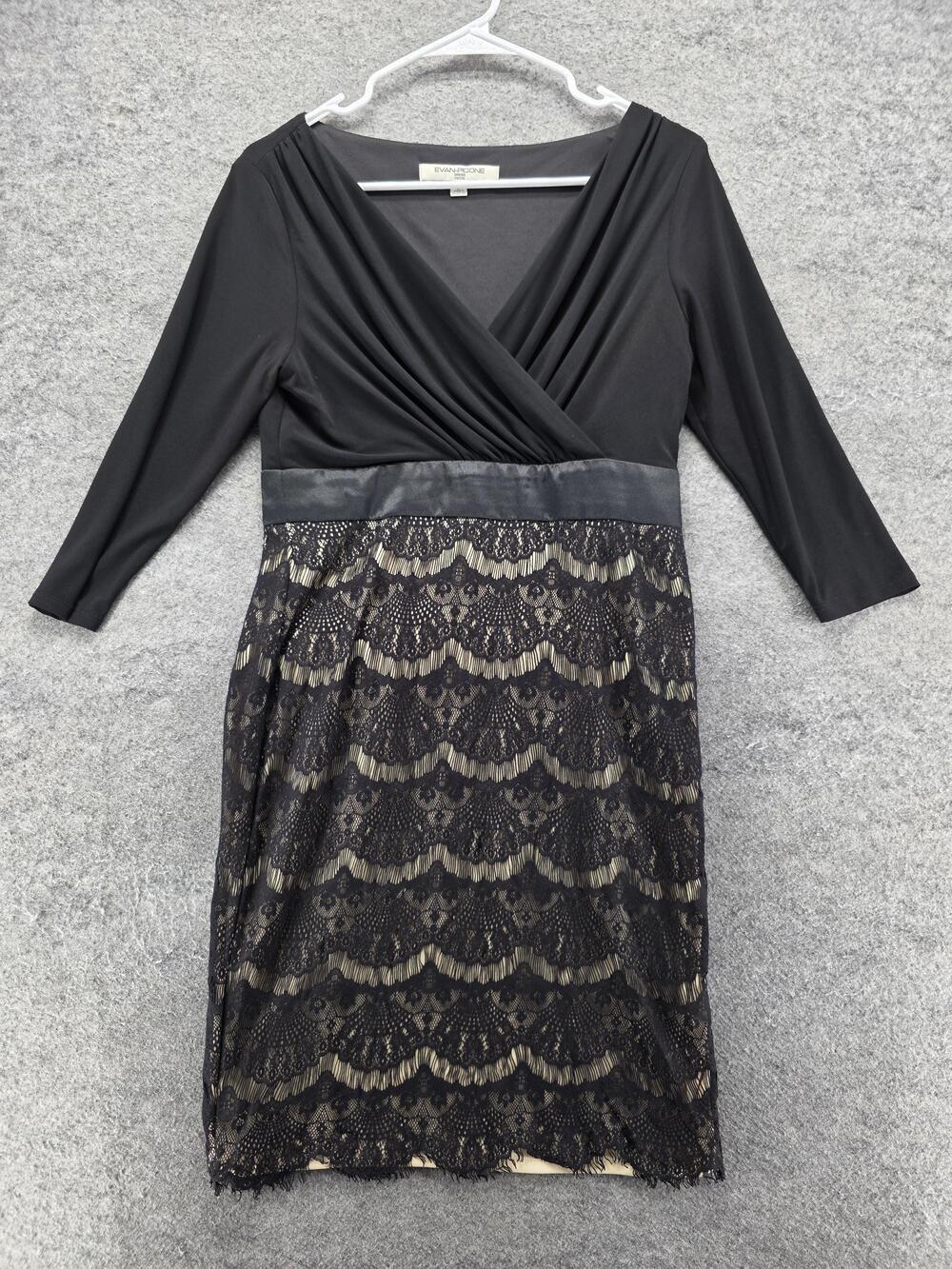 Evan Picone Dress Womens 8P Black Sheath Knee Length V-Neck Lace 3/4 Sleeve